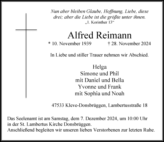 Traueranzeige von Alfred Reimahn von Rheinische Post