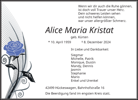 Traueranzeige von Alice Maria Kristat von Rheinische Post