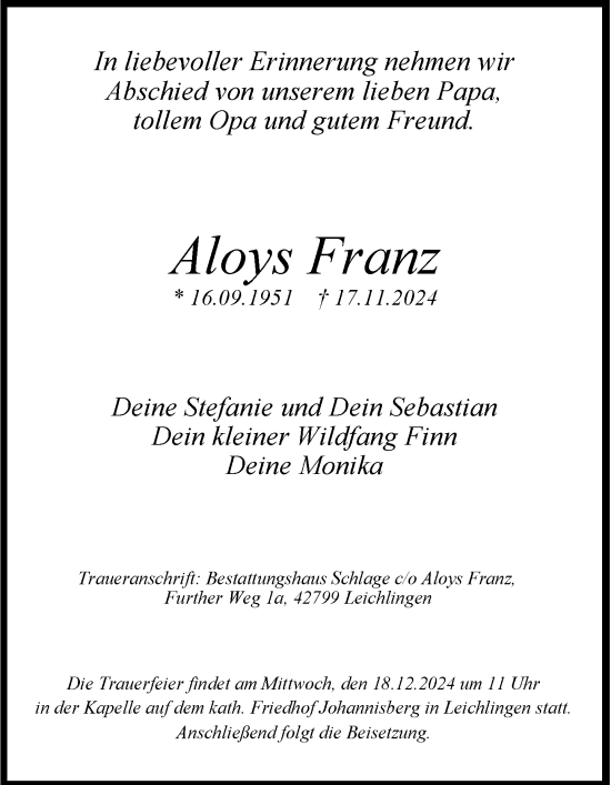 Traueranzeige von Aloys Franz von Rheinische Post