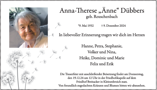 Traueranzeige von Anna-Therese  Dübbers von Rheinische Post