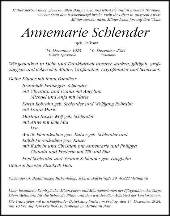 Traueranzeige von Annemarie Schlender von Rheinische Post