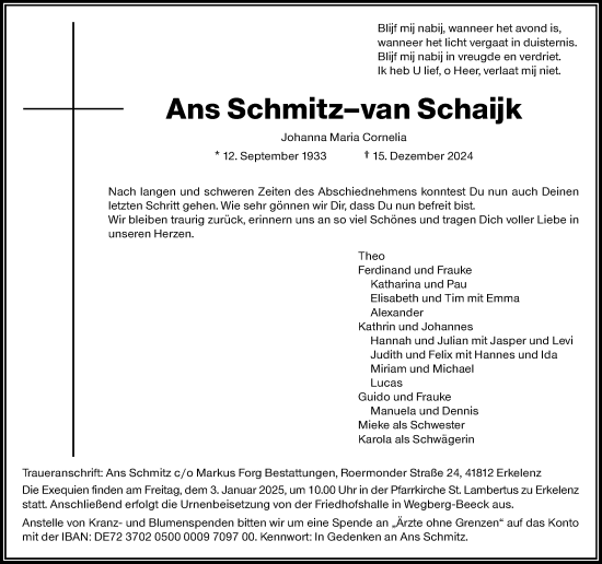 Traueranzeige von Ans Schmitz-van Schaijk von Rheinische Post