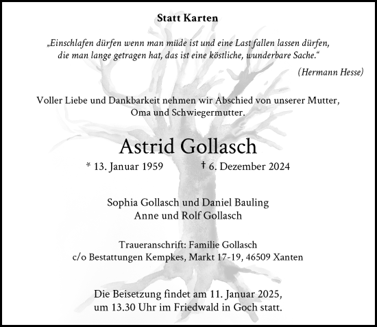 Traueranzeige von Astrid Gollasch von Rheinische Post