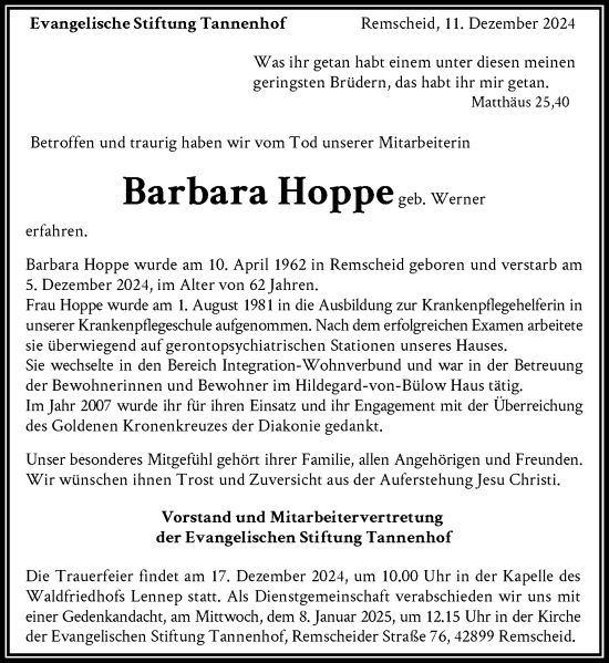 Traueranzeige von Barbara Hoppe von Rheinische Post