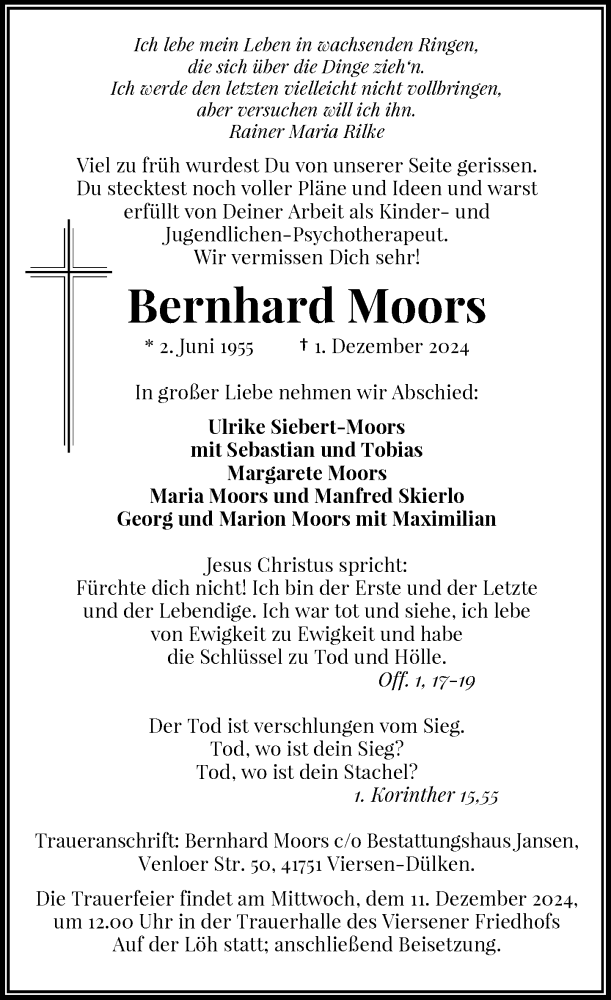  Traueranzeige für Bernhard Moors vom 06.12.2024 aus Rheinische Post