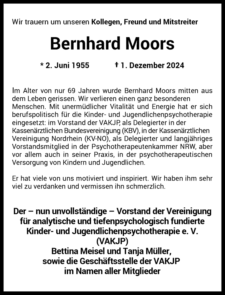  Traueranzeige für Bernhard Moors vom 07.12.2024 aus Rheinische Post