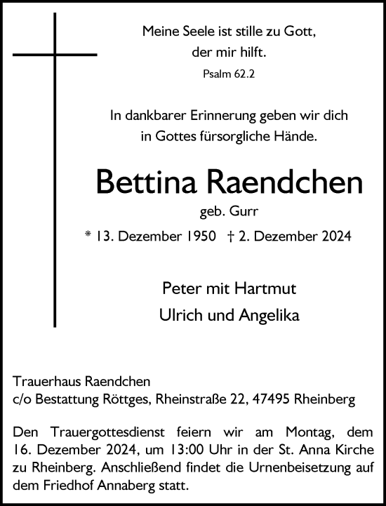 Traueranzeige von Bettina Raendchen von Rheinische Post