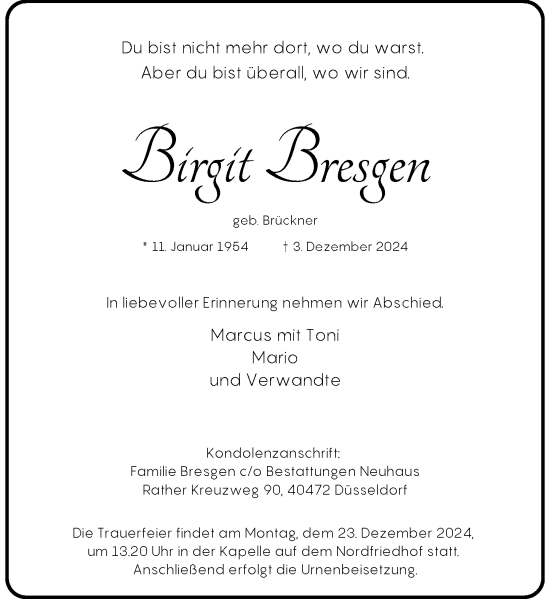 Traueranzeige von Birgit Bresgen von Rheinische Post