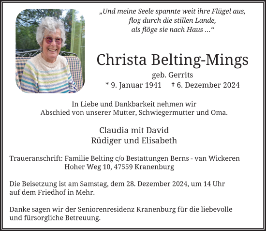 Traueranzeige von Christa Belting-Mings von Rheinische Post