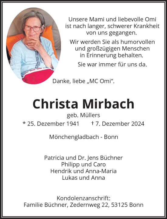 Traueranzeige von Christa Mirbach von Rheinische Post