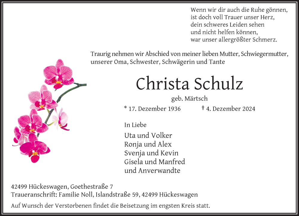  Traueranzeige für Christa Schulz vom 07.12.2024 aus Rheinische Post