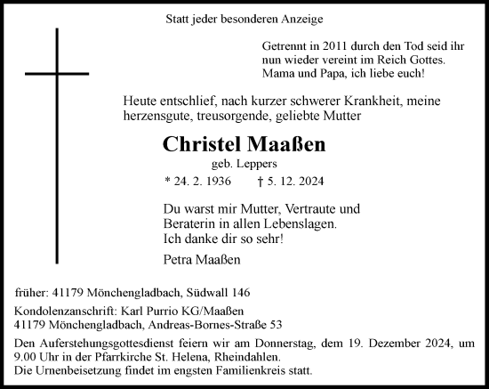 Traueranzeige von Christel Maaßen von Rheinische Post