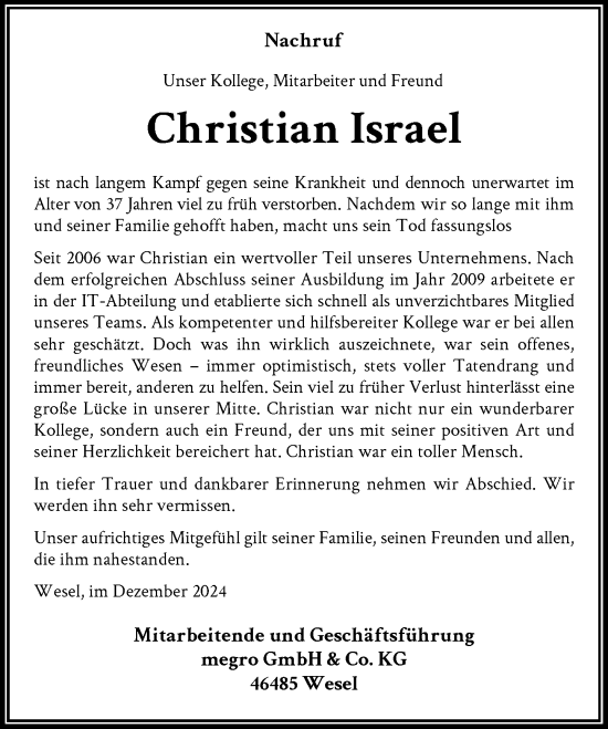 Traueranzeige von Christian Israel von Rheinische Post