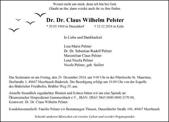 Traueranzeige von Claus Wilhelm Pelster von Rheinische Post