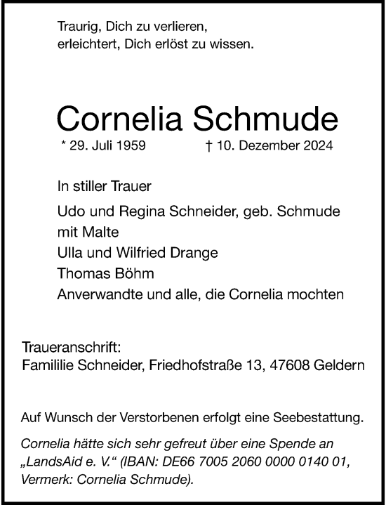 Traueranzeige von Cornelia Schmude von Rheinische Post