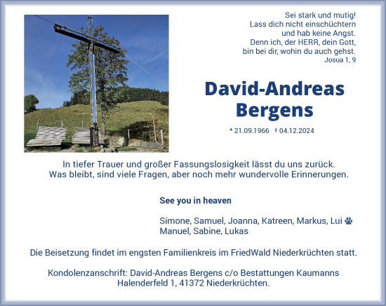 Traueranzeige von David-Andreas Bergens von Rheinische Post