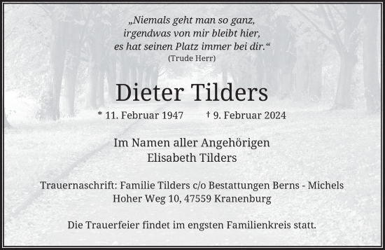 Traueranzeige von Dieter Tilders von Rheinische Post