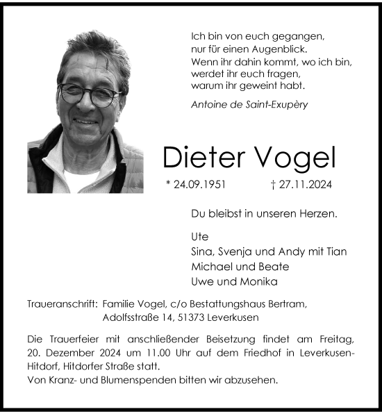 Traueranzeige von Dieter Vogel von Rheinische Post