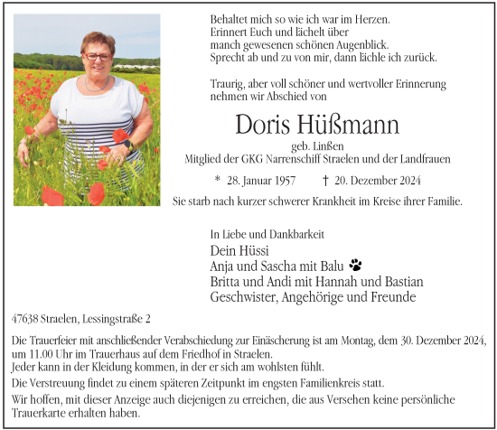 Traueranzeige von Doris Hüßmann von Rheinische Post