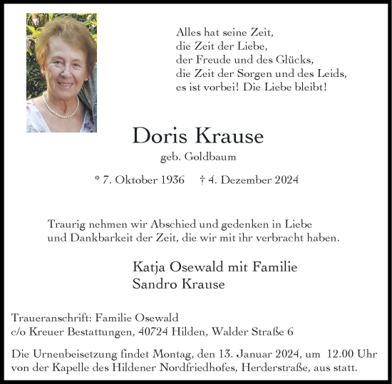 Traueranzeige von Doris Krause von Rheinische Post