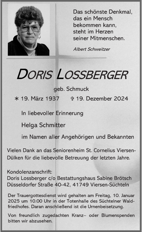 Traueranzeige von Doris Lossberger von Rheinische Post