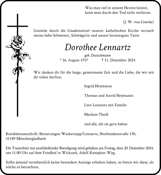 Traueranzeige von Dorothee Lennartz von Rheinische Post