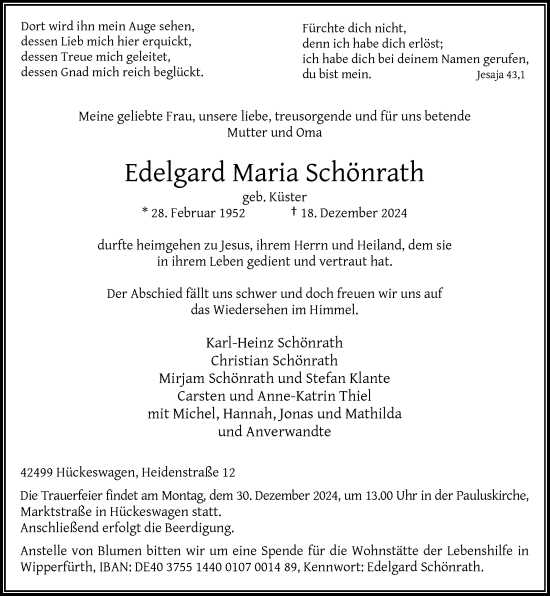 Traueranzeige von Edelgard Maria Schönrath von Rheinische Post