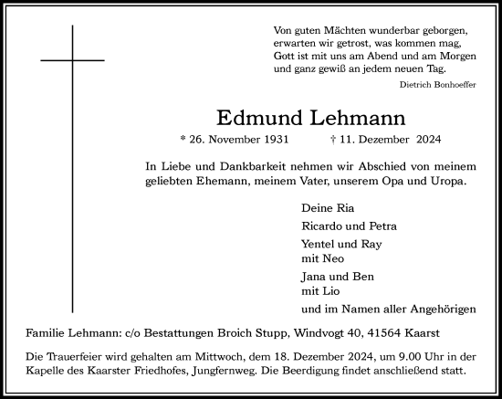 Traueranzeige von Edmund Lehmann von Rheinische Post