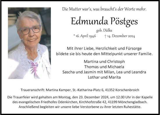 Traueranzeige von Edmunda Pöstges von Rheinische Post