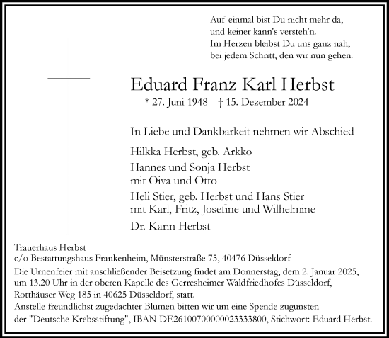 Traueranzeige von Eduard Franz Karl Herbst von Rheinische Post