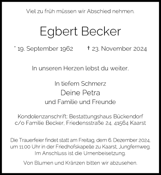 Traueranzeige von Egbert Becker von Rheinische Post