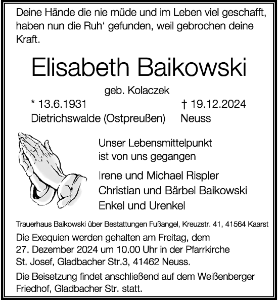 Traueranzeige von Elisabeth Baikowski von Rheinische Post