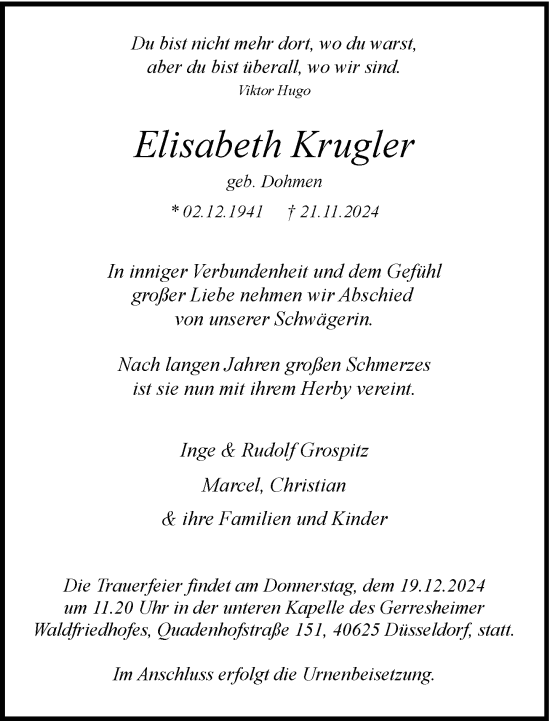 Traueranzeige von Elisabeth Krugler von Rheinische Post