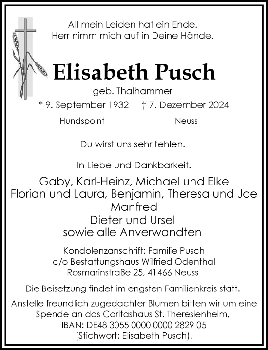 Traueranzeige von Elisabeth Pusch von Rheinische Post