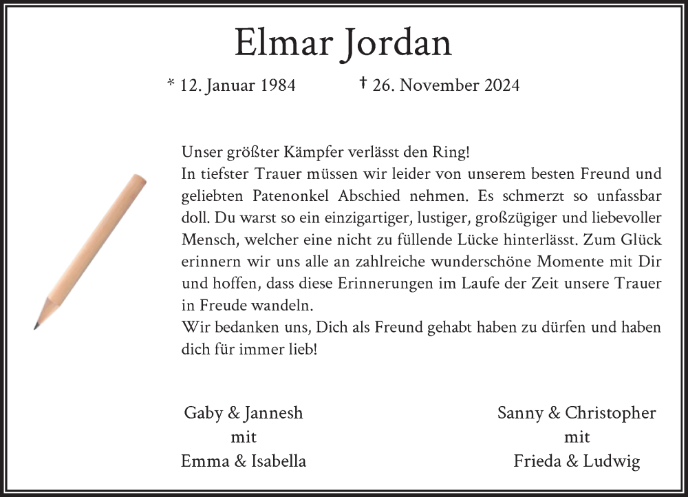  Traueranzeige für Elmar Jordan vom 07.12.2024 aus Rheinische Post