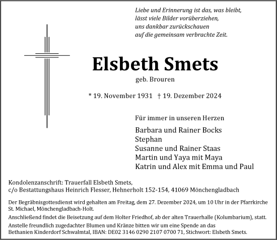 Traueranzeige von Elsbeth Smets von Rheinische Post