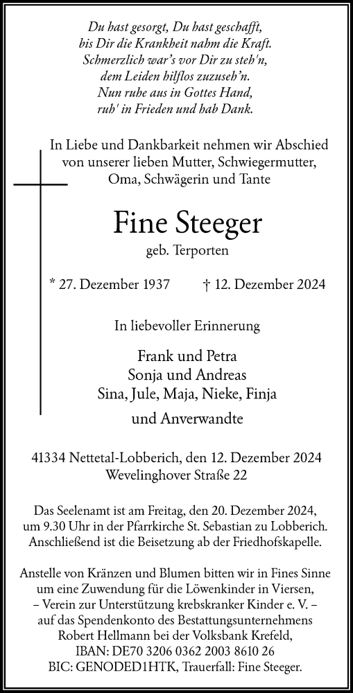 Traueranzeige von Fine Steeger von Rheinische Post