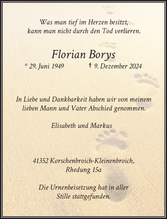 Traueranzeige von Florian Borys von Rheinische Post