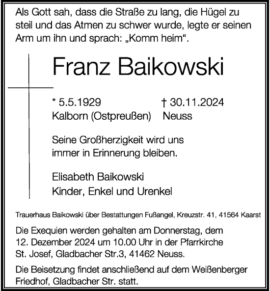 Traueranzeige von Franz Baikowski von Rheinische Post