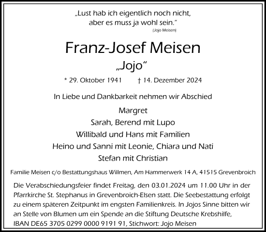 Traueranzeige von Franz-Josef Meisen von Rheinische Post