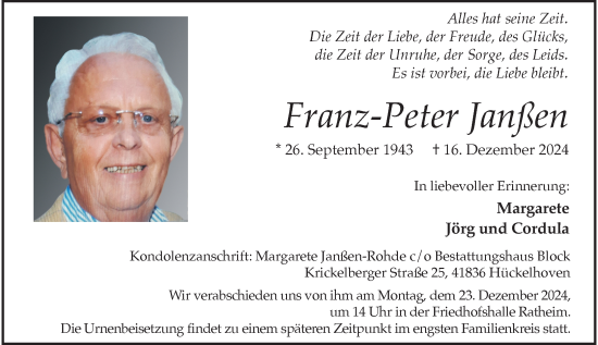 Traueranzeige von Franz-Peter Janßen von Rheinische Post