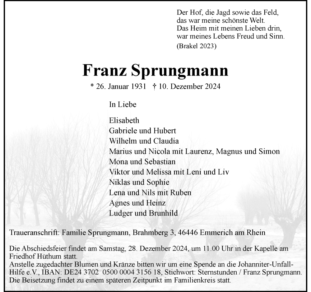 Alle Traueranzeigen Für Franz Sprungmann | Trauer.rp-online.de