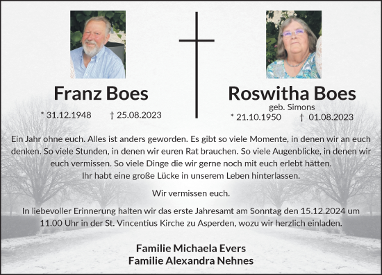 Traueranzeige von Franz und Roswitha Boes von Rheinische Post