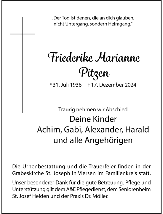 Traueranzeige von Friederike Marianne Pitzen von Rheinische Post