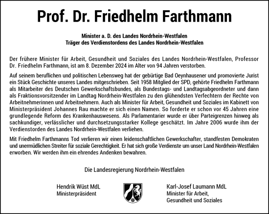 Traueranzeige von Friedhelm Farthmann von Rheinische Post