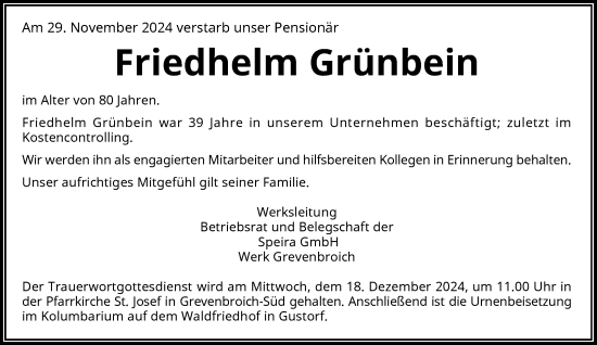 Traueranzeige von Friedhelm Grünbein von Rheinische Post