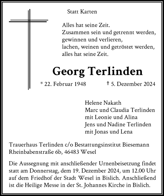 Traueranzeige von Georg Terlinden von Rheinische Post