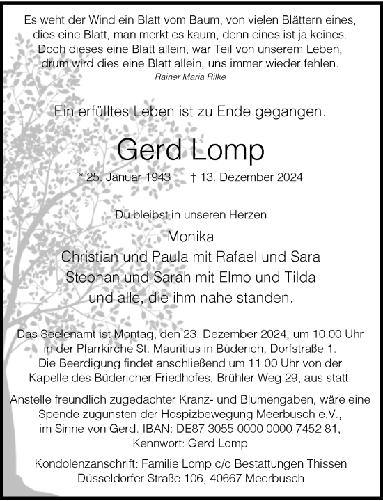 Traueranzeige von Gerd Lomp von Rheinische Post