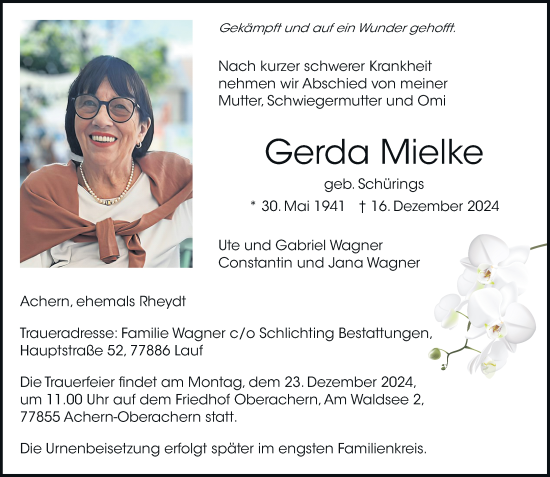 Traueranzeige von Gerda Mielke von Rheinische Post