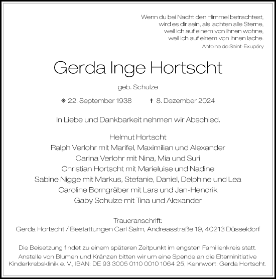 Traueranzeige von Gerda Inge Hortscht von Rheinische Post